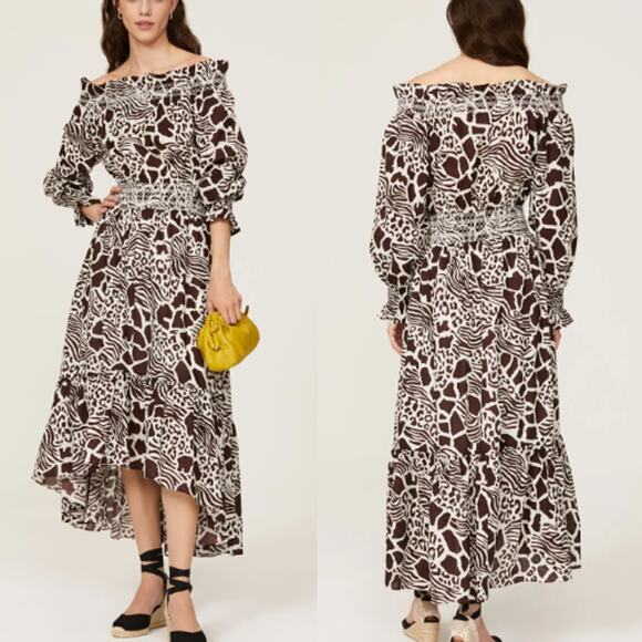 Adam Lippes Collective Smocked Off-The-Shoulder High-Low Dress Brown Womens Sz 4 - Picture 1 of 6